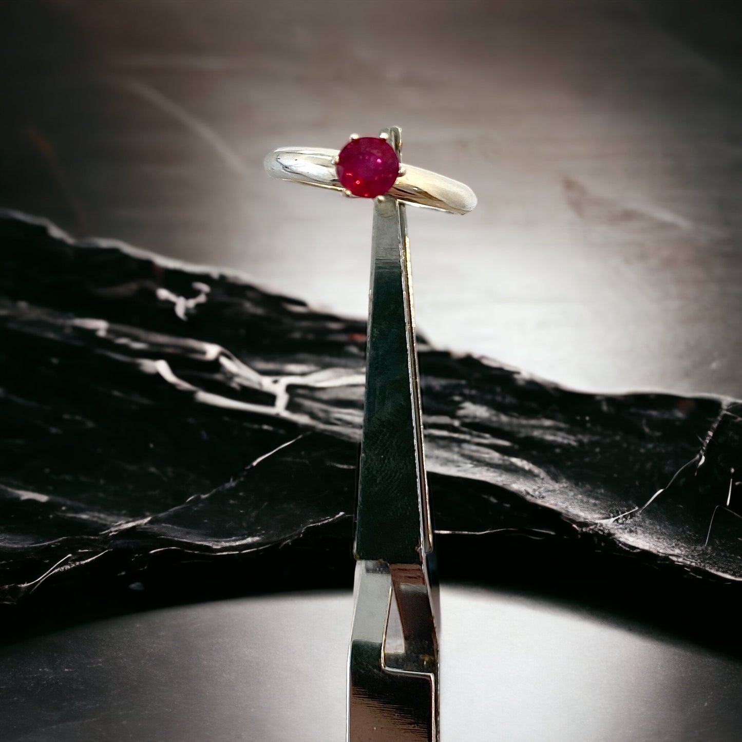 18kt white gold, six prong solitaire, natural ruby ring